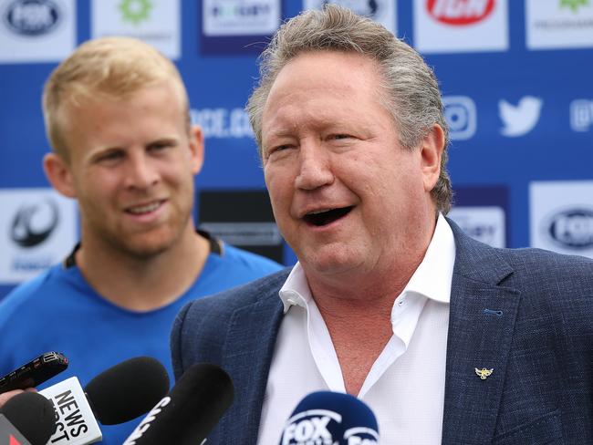 PERTH, AUSTRALIA - OCTOBER 25: Andrew Forrest addresses the media together with Andrew Deegan of the Western Force and Darcy Swain of the Canberra Vikings during the 2019 NRC Final media opportunity at UWA sports ground on October 25, 2019 in Perth, Australia. (Photo by Paul Kane/Getty Images)