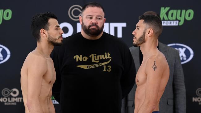 Dib and Miles Zalewski face off after weighing in on Tuesday. Picture: No Limit/Gregg Porteous