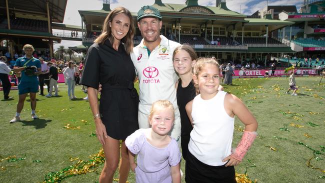 David Warner with wife Candace and kids Ivy, Indi and Isla, after his last Test. Picture: Julian Andrews