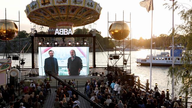 Bjoern Ulvaeus and Benny Andersson on a display from London during their Voyage event at Grona Lund, Stockholm. Picture: AFP.