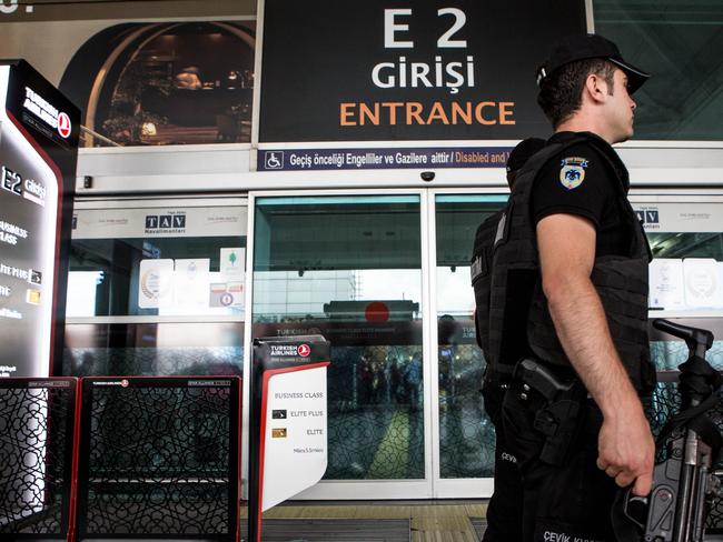 Police officers patrol at the country's largest airport, Istanbul Ataturk, following yesterday's blast on June 29, 2016 in Istanbul, Turkey. Picture: Getty.