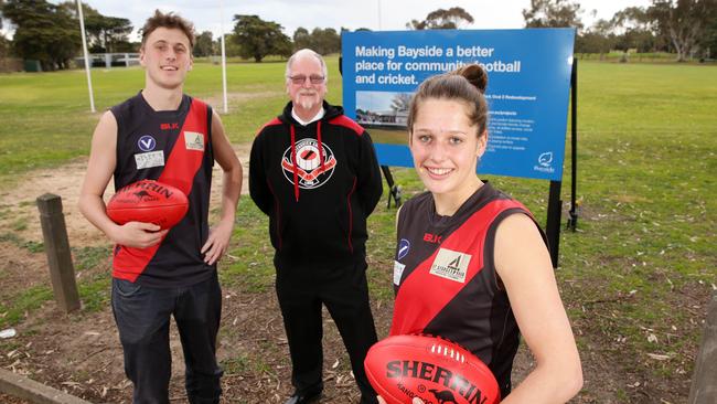 Elsternwick FC captain Julian Yeatman with club president Mike Convery and footballer Emmie Frederico. Picture: Norm Oorloff