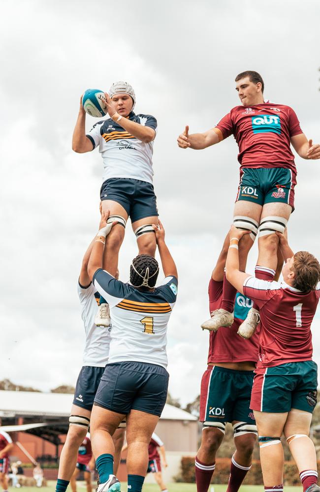 Jack Calleja (right) contests the lineout. Action from the round two game between the Reds and Brumbies. Picture courtesy of ACT Brumbies Media.