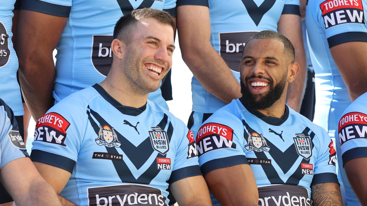 James Tedesco shares a laugh with Blues winger Josh Addo-Carr. Picture: David Swift