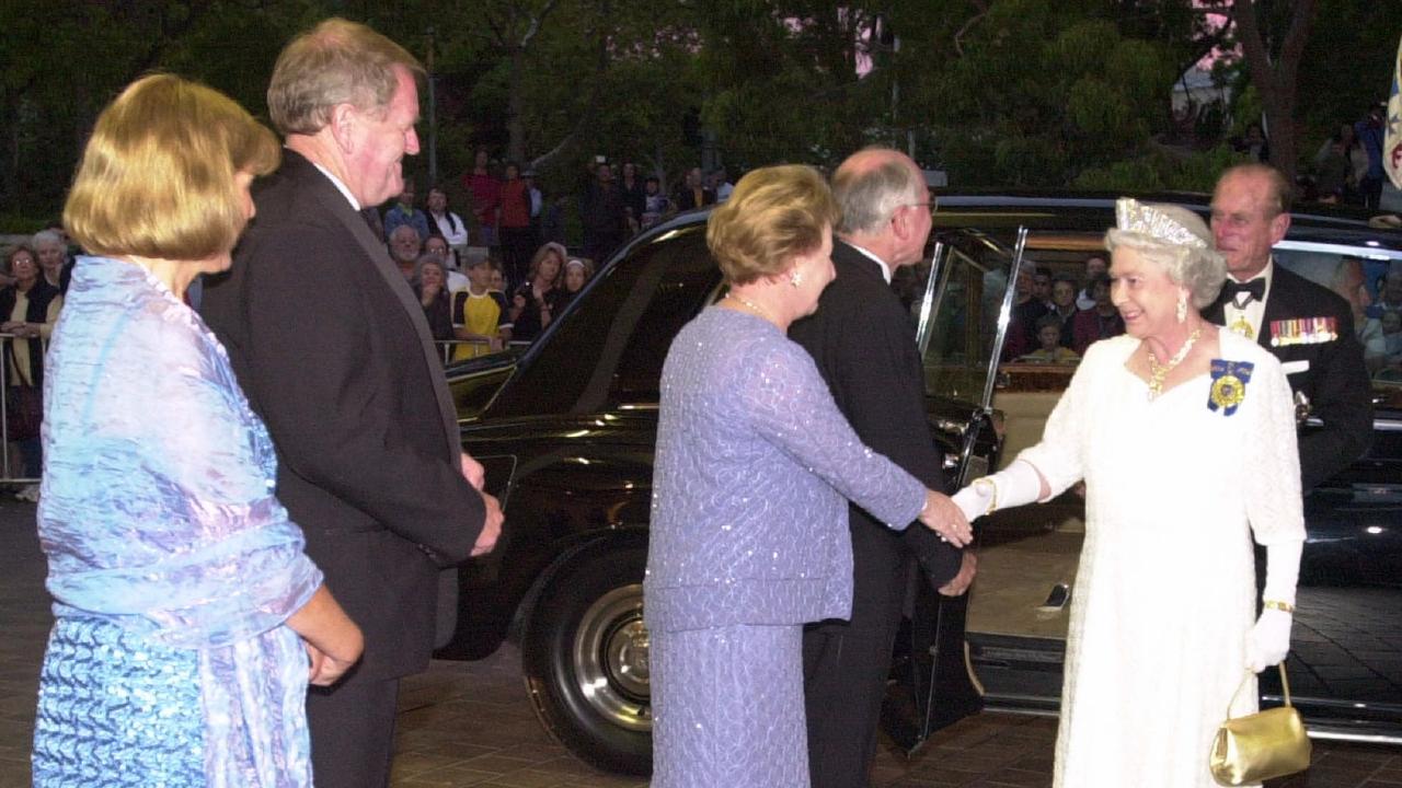 Queen Elizabeth II with Prince Philip Duke of Edinburgh, Prime Minister John Howard and his wife Janette, SA Premier Rob Kerin and his Cathy arriving at state dinner at the Festival Centre in 2002. Picture: File