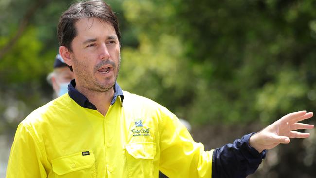 Maryborough Mayor George Seymour talks to the press in Maryborough regarding the ongoing flood recovery. Picture Lachie Millard