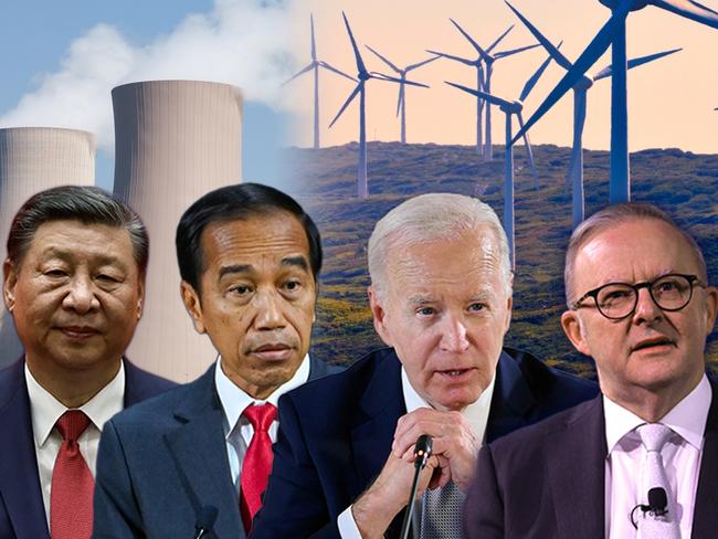 14 June 2024; Photo comp of presidents Xi Jinping, Joko Widodo, Joe Biden and Anthony Albanese in a row with a wind farm and nuclear enegery plant behind them. Sources: Supplied. Artwork by Emilia Tortorella. Ratio 4:3.