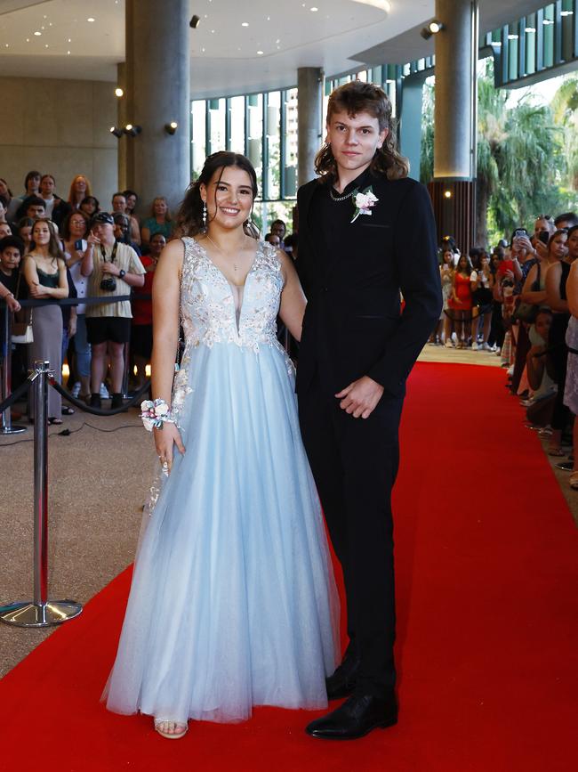Alisha Larkins and Riley Groennou arrive at the Trinity Bay High School formal evening, held at the Cairns Convention Centre. Picture: Brendan Radke