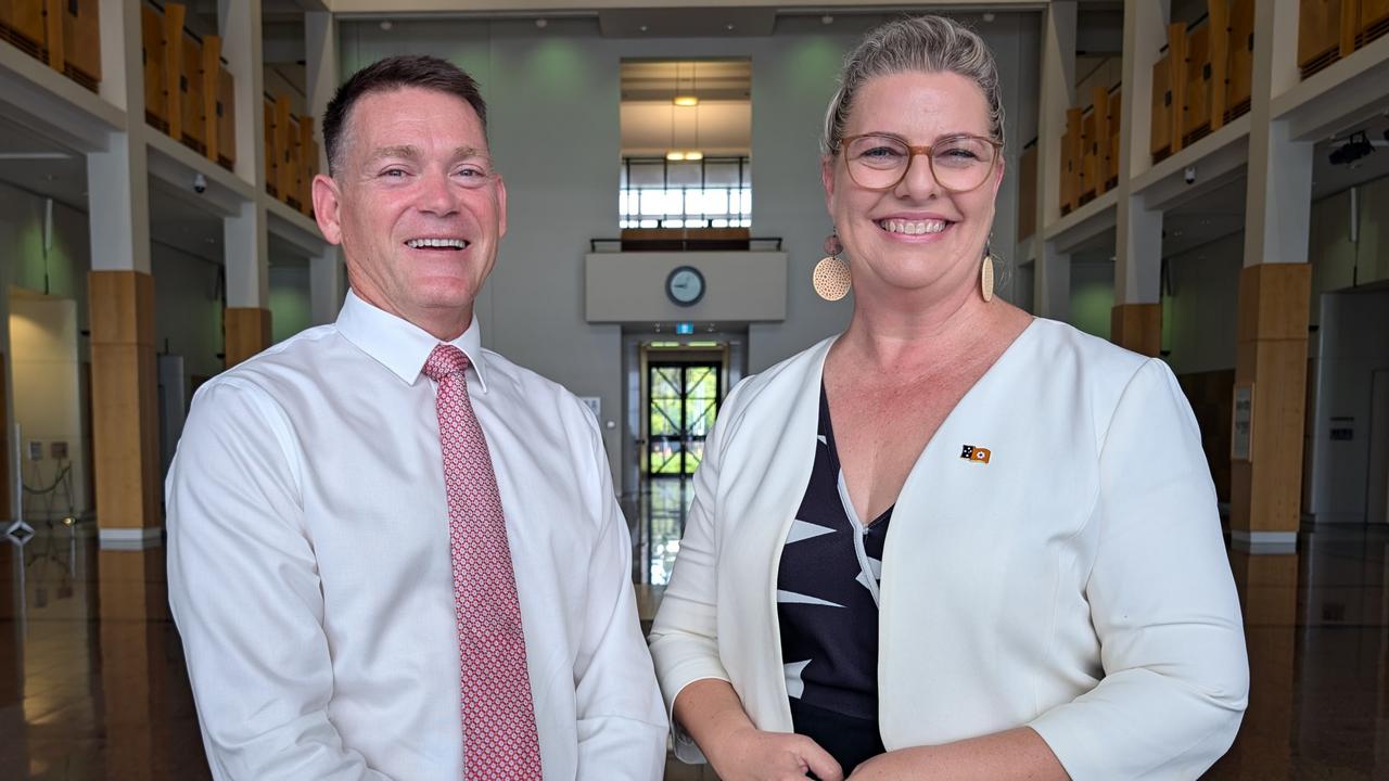 Legal Aid of the Northern Territory Chair Duncan McConnel with NT Attorney-General Marie-Clare Boothby in Parliament on Thursday November 28, 2024. Picture: Zizi Averill