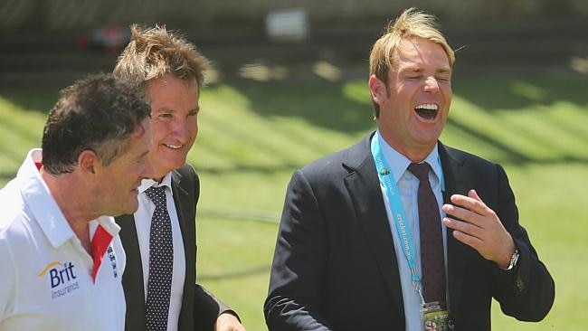 Shane Warne, right, laughs as Piers Morgan, left speaks with him and Mark Nicholas. Picture: Getty