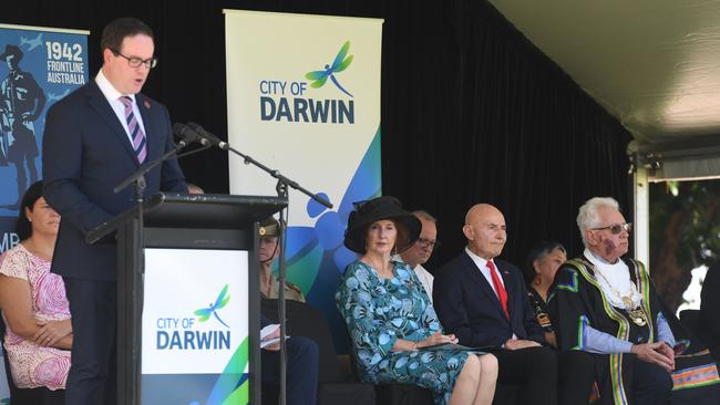 Local and federal representatives at the 81st commemoration of the Bombing of Darwin held at the cenotaph on the esplanade. Picture: (A) manda Parkinson