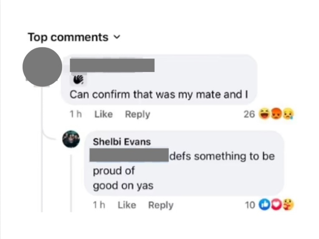 One of the men appeared to comment on the post confirming it was him and a mate who body-shamed Ms Evans. Picture: Facebook