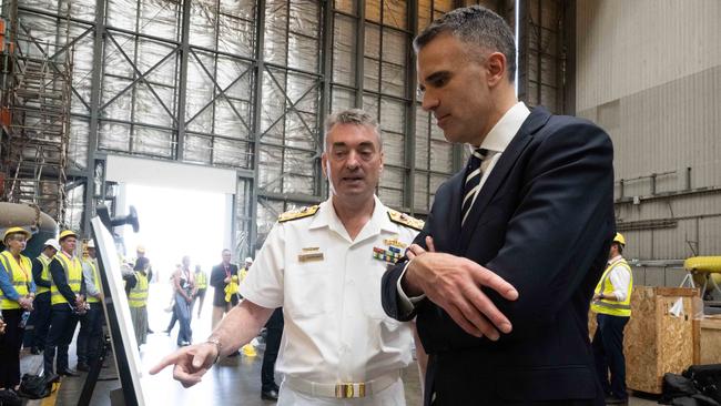 Peter Malinauskas with Vice Admiral Jonathan Dallas Mead<br/>at Osborne shipyard in November 2023. Picture: NCA NewsWire/Morgan Sette