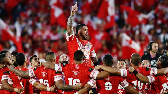 Tonga’s Andrew Fifita leads the Sipi Tau ahead of Test match against Australia at Mt Smart Stadium. Picture: Getty Images