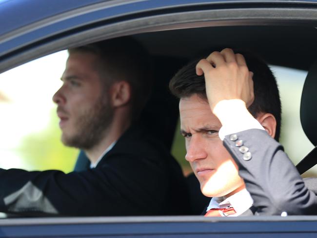 Manchester United's David De Gea, left, and Ander Herrera, right, leave Old Trafford after the game was abandoned. Picture: Mike Egerton/PA via AP