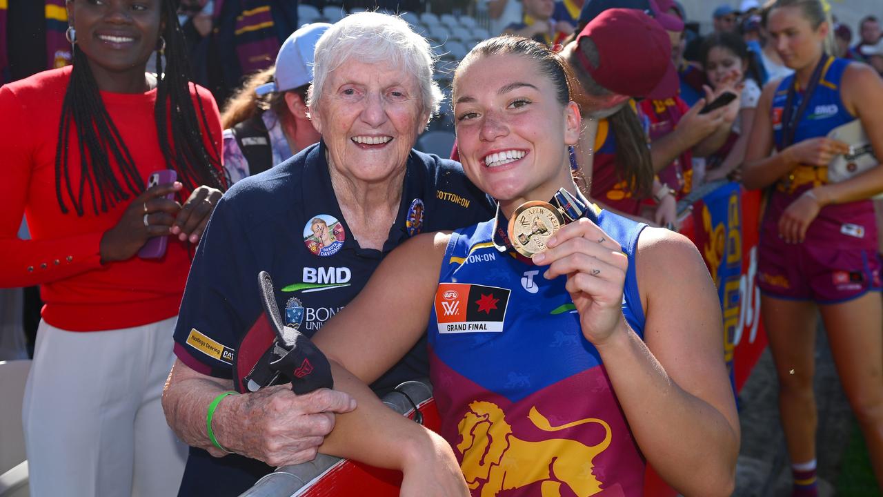 MELBOURNE, AUSTRALIA - DECEMBER 03: Poppy Boltz of the Lions celebrates following the AFLW Grand Final match between North Melbourne Tasmania Kangaroos and Brisbane Lions at Ikon Park, on December 03, 2023, in Melbourne, Australia. (Photo by Morgan Hancock/AFL Photos/via Getty Images)