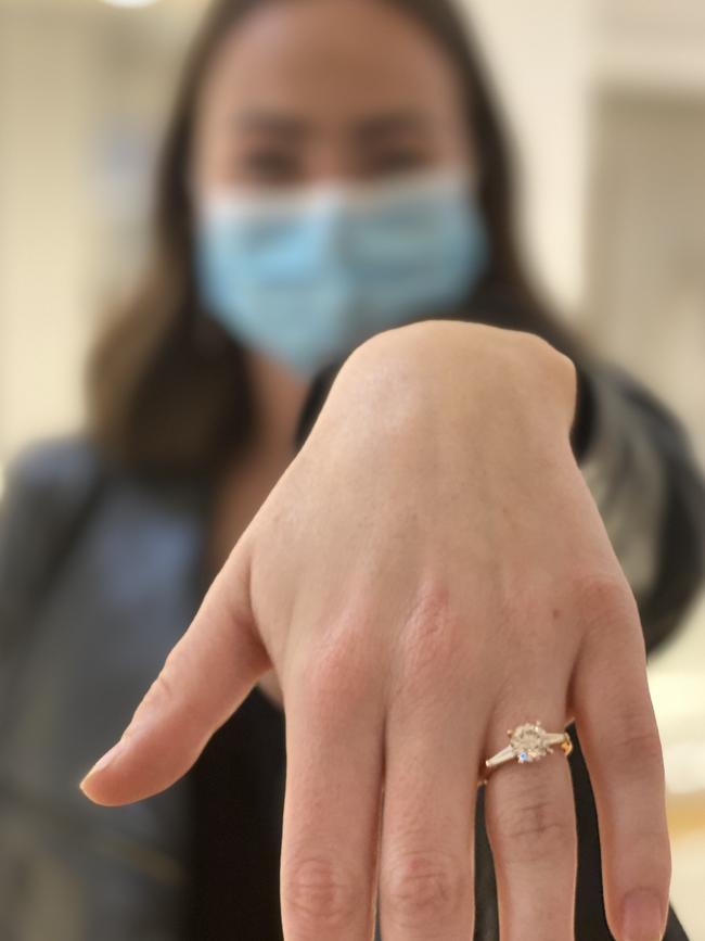 Melbourne bride Molly tried on her dream dress at Karen Willis Holmes on Saturday and said “yes” to the perfect gown to match her Cushla Whiting ring. Picture: Grace McKinnon