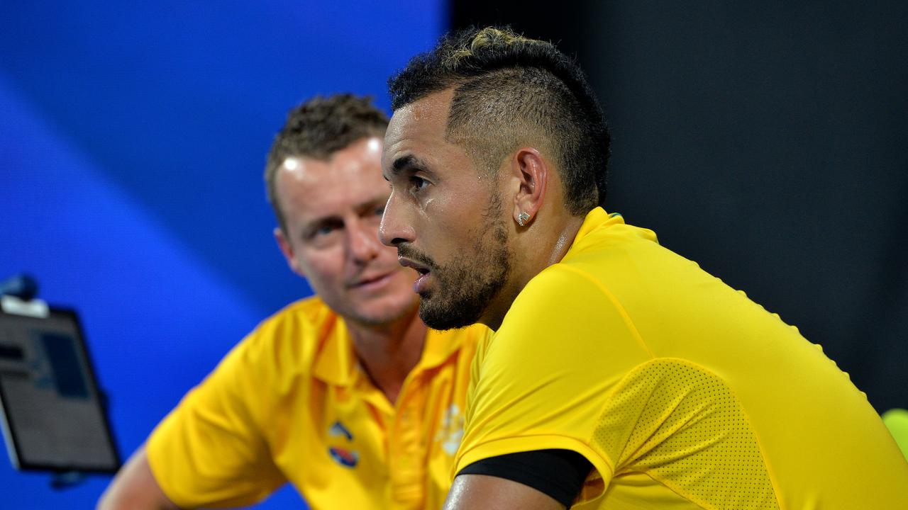 Nick Kyrgios suggested Lleyton Hewitt threw him under the bus. (Photo by Bradley Kanaris/Getty Images)