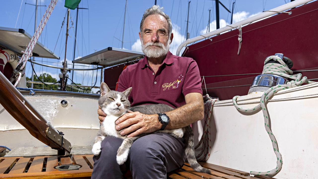 SYDNEY, AUSTRALIA, NOVEMBER 22, 2023. Sylph VI skipper and owner Robert Williams with his cat Oli who will sail with Bob in the Sydney to Hobart yacht race on board Sylph VI. Photographer: Adam Yip