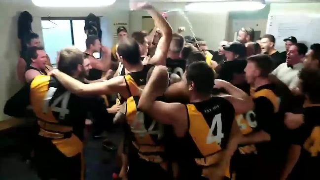 Southern Football League club Aldinga Sharks players celebrating the club's first win over Morphett Vale in 67 years.