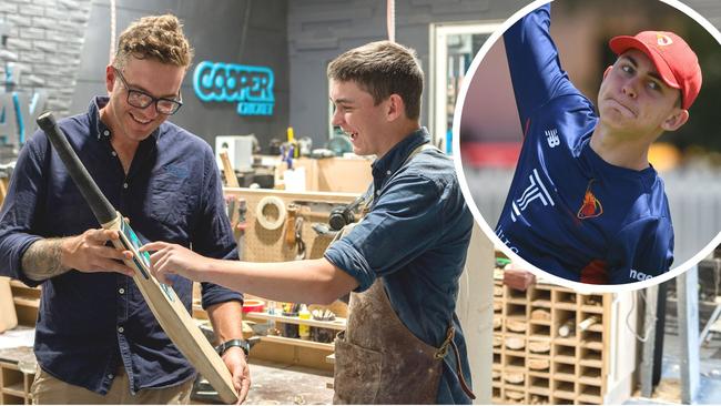 Brisbane Heat player Josh Brown and Sunshine Coast cricket talent Malakai Pearce in the Cooper Cricket workshop.