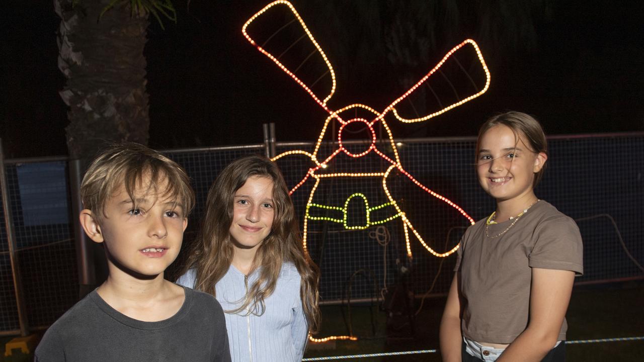 (from left) Luca Prole, Emma Bicknell and Nikita Prole. Opening of Toowoomba's Christmas Wonderland in Queens Park. Saturday, December 4, 2021. Picture: Nev Madsen.