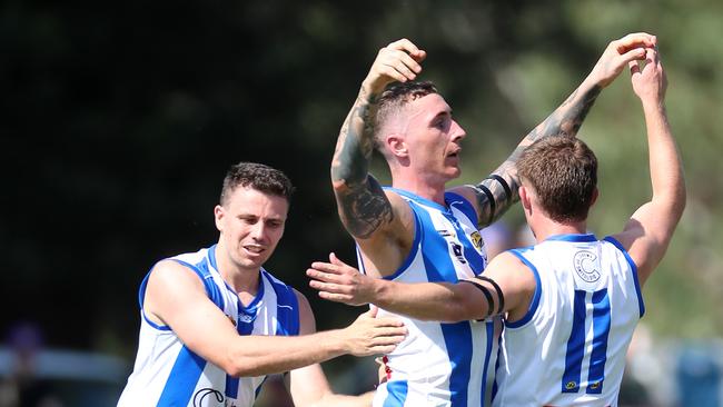 Corowa Rutherglen celebrates a goal last season. The team is embarking on it’s second season back after recess next year. Picture: Yuri Kouzmin