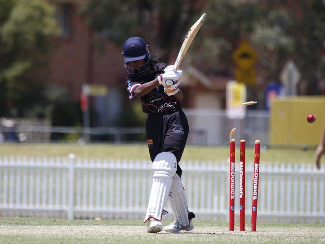 Penrith’s Yashika Ramprasad is bowled by Prarthana Uppili. Picture Warren Gannon Photography