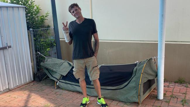 Matthew in front of his swag. Picture: Scott Crossingham