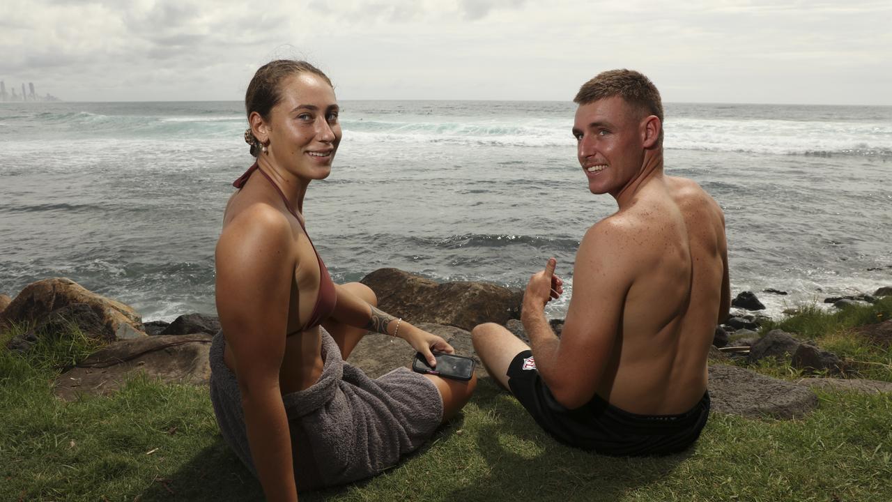 Te Aorangi and Sam Kinzett among the crowd at the 2025 Gold Coast Open surf comp at Burleigh Heads. Picture: Glenn Campbell