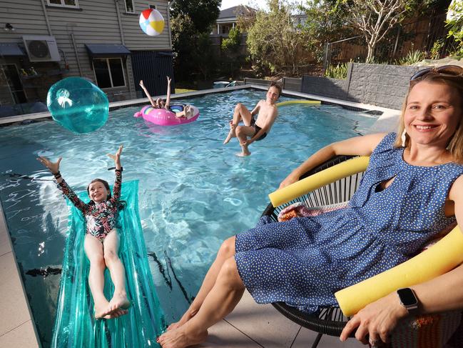 Yona, Harriet and Jim enjoy the pool, MarleenÃs pool is being rented out by the hour over summer, Grange. Picture: Liam Kidston