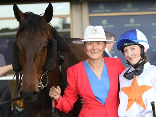 Apprentice Madeline Owen and trainer Karen Owen with Fay's Angel after their Warwick Farm win. Picture: Grant Guy