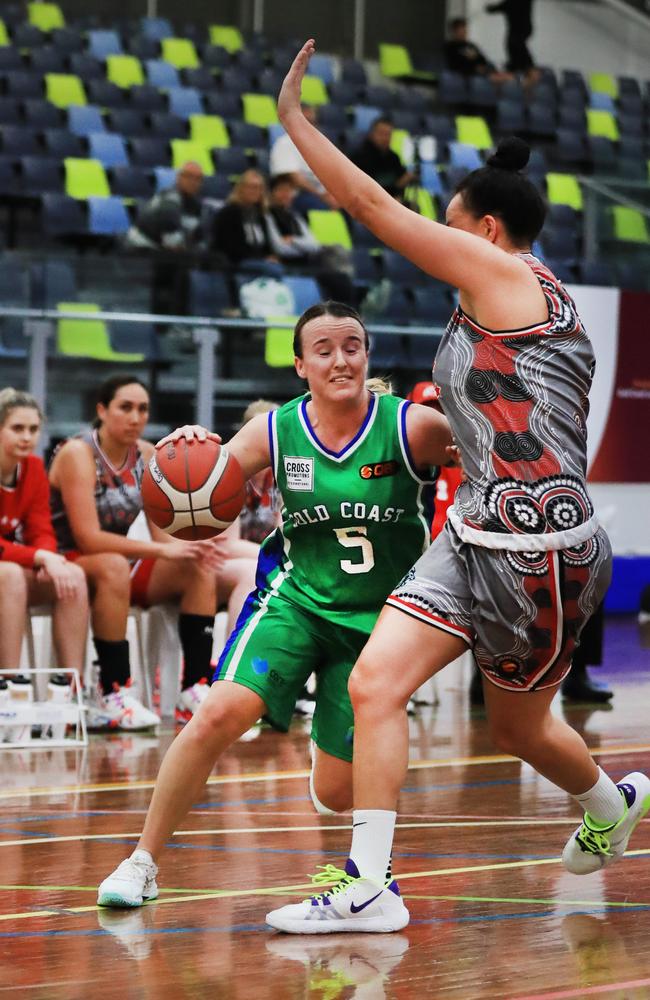 Siarn Woods in action during the Queensland State League Womens basketball clash between the Gold Coast Rollers and Red City Roar. Picture: Scott Powick