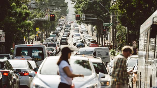 Traffic along Cleveland Street, Sydney, in pre-crisis days. Picture: Michael Bilbe-Taylor