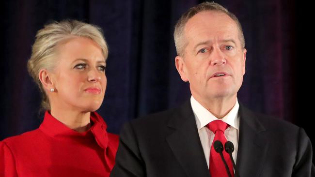 Bill Shorten makes his concession speech, with wife Chloe, at the 2019 election. Picture: Stuart McEvoy/The Australian.