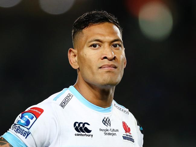 AUCKLAND, NEW ZEALAND - APRIL 06: Israel Folau of the Waratahs looks on during the round 8 Super Rugby match between the Blues and Waratahs at Eden Park on April 06, 2019 in Auckland, New Zealand. (Photo by Anthony Au-Yeung/Getty Images)