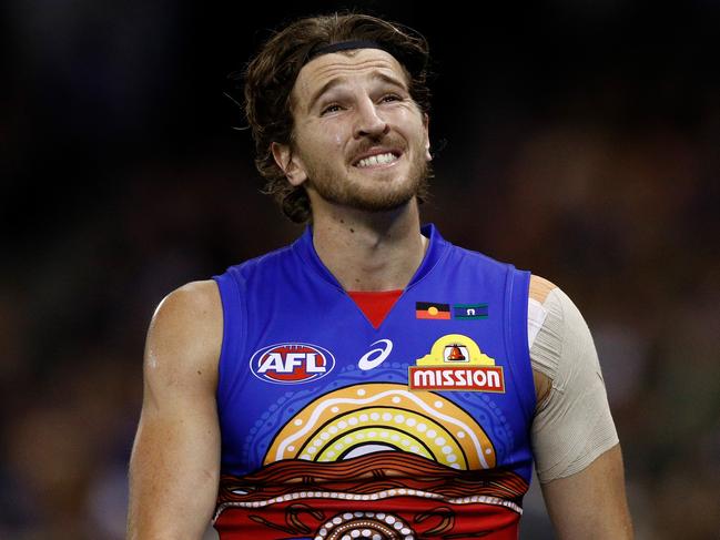 MELBOURNE, AUSTRALIA - MAY 25: Marcus Bontempelli of the Bulldogs reacts during the 2019 AFL round 10 match between the Western Bulldogs and the North Melbourne Kangaroos at Marvel Stadium on May 25, 2019 in Melbourne, Australia. (Photo by Daniel Pockett/AFL Media/Getty Images)