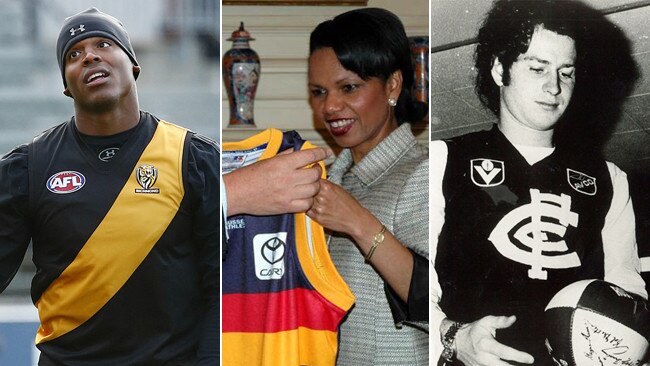 Celebs thinking about all the places they’d prefer to be while trying on AFL tops.