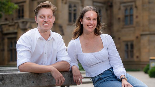 Trinity’s Ned Grimsey and Haileybury’s Georgia Lyras Musgrave were awarded Melbourne University scholarships with their perfect ATARs. Picture: Jason Edwards