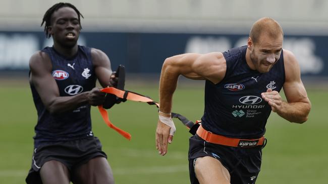 Dominic Akuei training with Harry McKay at Carlton. Picture: Michael Klein