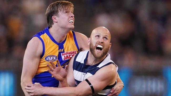 Jackson Nelson had the job of manning his idol Gary Ablett. Picture: AAP