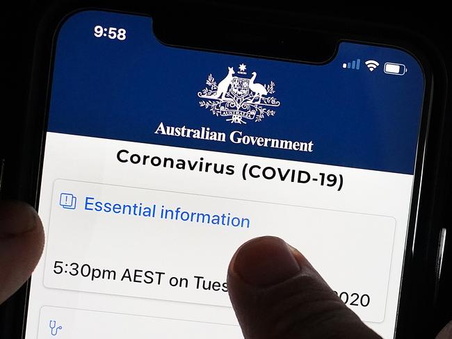 An Australian government coronavirus (COVID-19) app is seen on a mobile phone on the Gold Coast, Thursday, April 23, 2019. The Australian government will shortly release an app aimed at tracing the spread of coronavirus in Australia. Though voluntary,  tech and legal experts have raised a number of privacy concerns about the technology and the data it will collect.(AAP Image/Dave Hunt) NO ARCHIVING