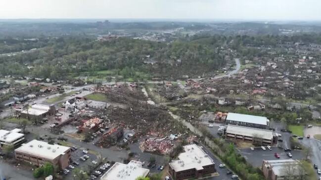 Drone footage shows damage from Arkansas tornado