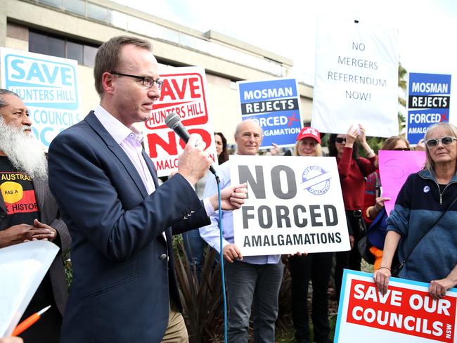 David Shoebridge at a protest against forced council amalgamations outside Waverley Council. Picture: Carly Earl