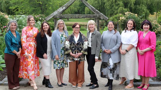 Shine Awards 2023 winners (from left) Lyndee Severin, Annie Pumpa, Josie Clarke, Herald and Weekly Times chairman Penny Fowler, overall winner Sharon Winsor, Harvey Norman CEO Katie Page, Amanda Loy, Claire Harrison and Kathy Duff on Cruden Farm at Langwarrin. Picture: Yuri Kouzmin