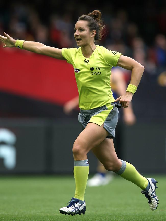 Eleni Glouftsis, the first female AFL field umpire. Picture: Wayne Ludbey