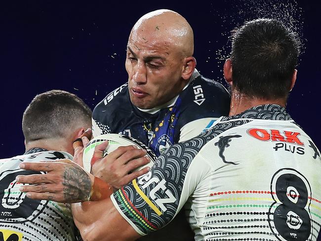 Parramatta's Blake Ferguson gets crunched during NRL match between the Parramatta Eels and Penrith Panthers at Bankwest Stadium. Picture. Phil Hillyard