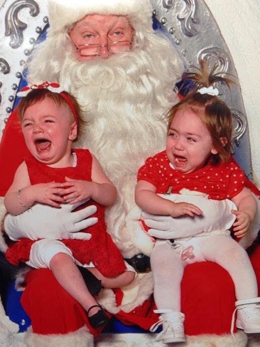 Penny Nicolouleas: This is my daughter Athena (right) and her bestie Indi-Rose clearly not enjoying Santa’s company. Santa doesn’t look very pleased either.