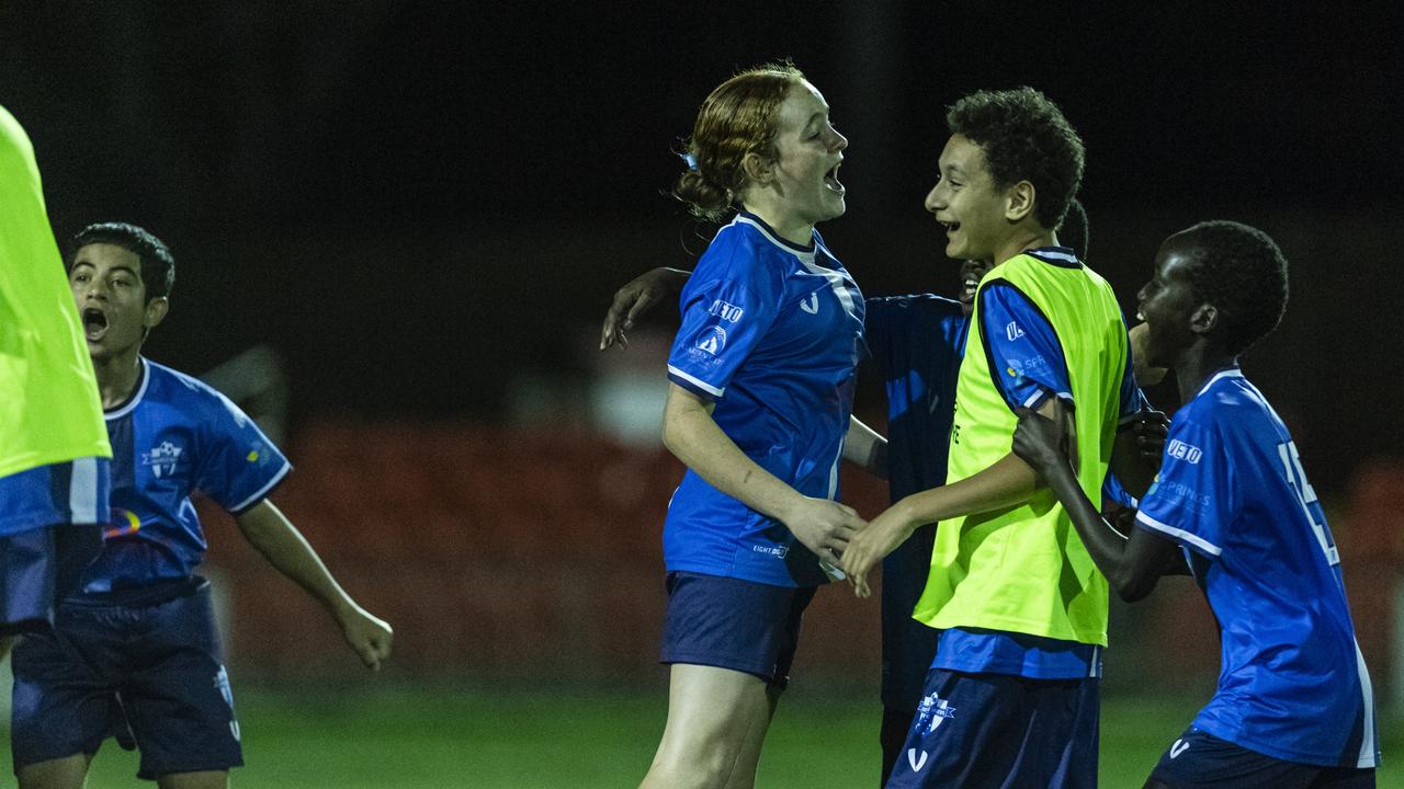 Rockville Rovers Blue celebrate the win against Football Dalby in Football Queensland Darling Downs Community Juniors U13 Div 1 White grand final at Clive Berghofer Stadium, Friday, August 30, 2024. Picture: Kevin Farmer