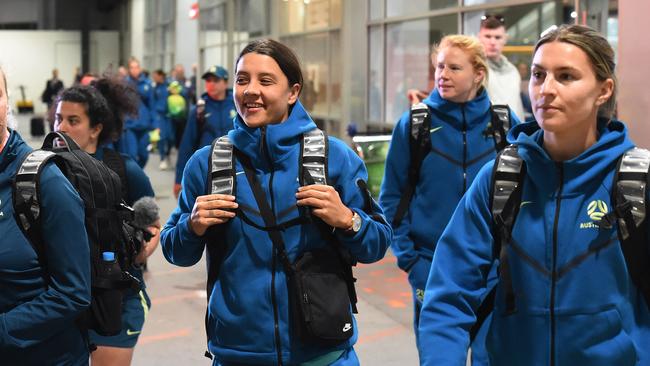 Sam Kerr arrives in Melbourne on Monday, with a fitness cloud over her head before tonight’s must-win game against Canada. Picture: Josie Hayden